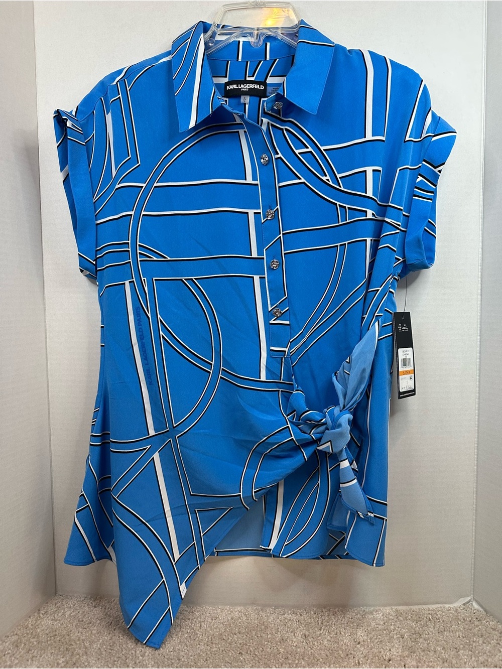 Karl Lagerfeld Blue Graphic Tie-Front Short Sleeve Blouse, S, NWT
